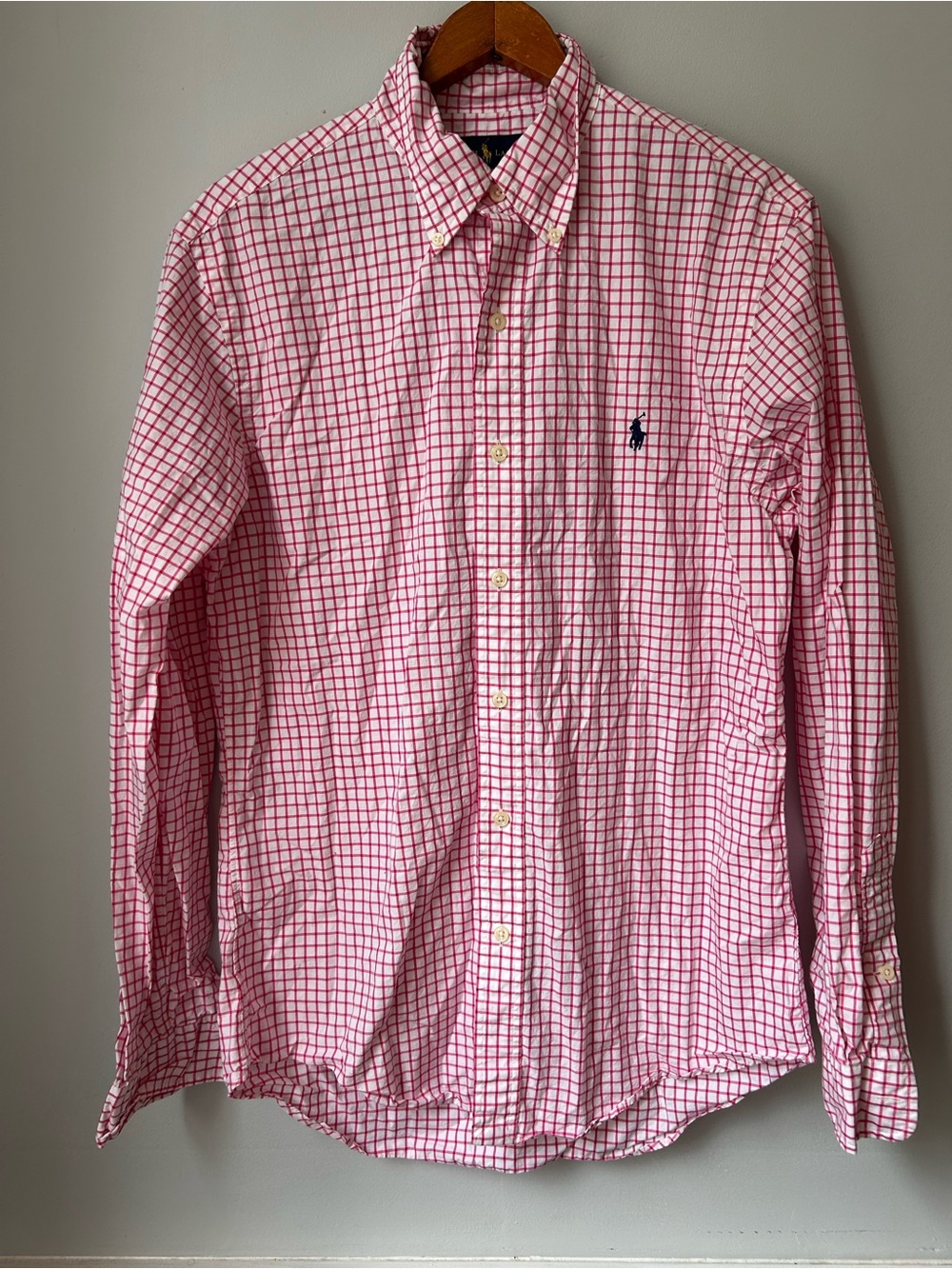 Ralph Lauren Shirt Mens Medium Pink White Plaid Button Down Navy Pony Slim Fit